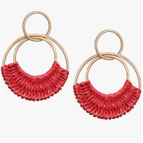 Red Woven Raffia Gold Hoop Earrings Wicker Hoops Links Post Vacation Style New - Picture 4 of 5